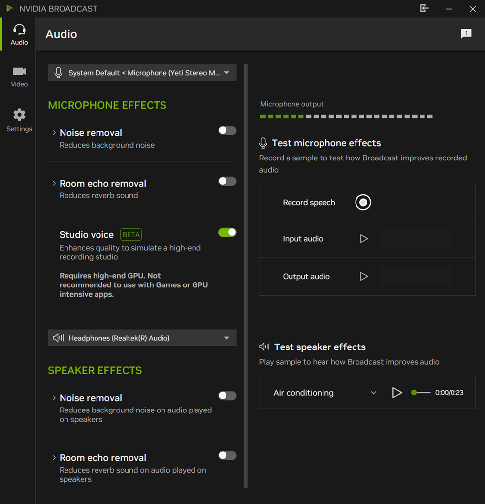 NVIDIA broadcast microphone settings